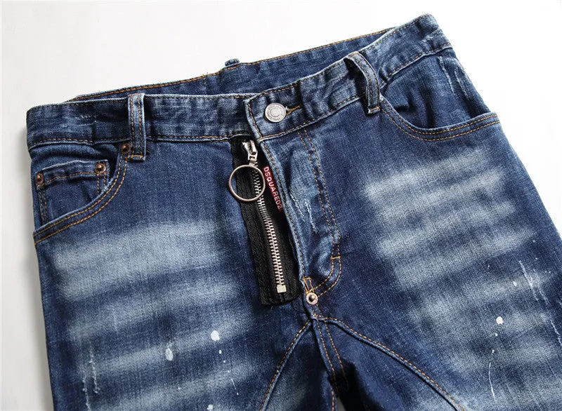 Paint Splashed Men's Ripped Jeans Mid Waisted Pencil Pants